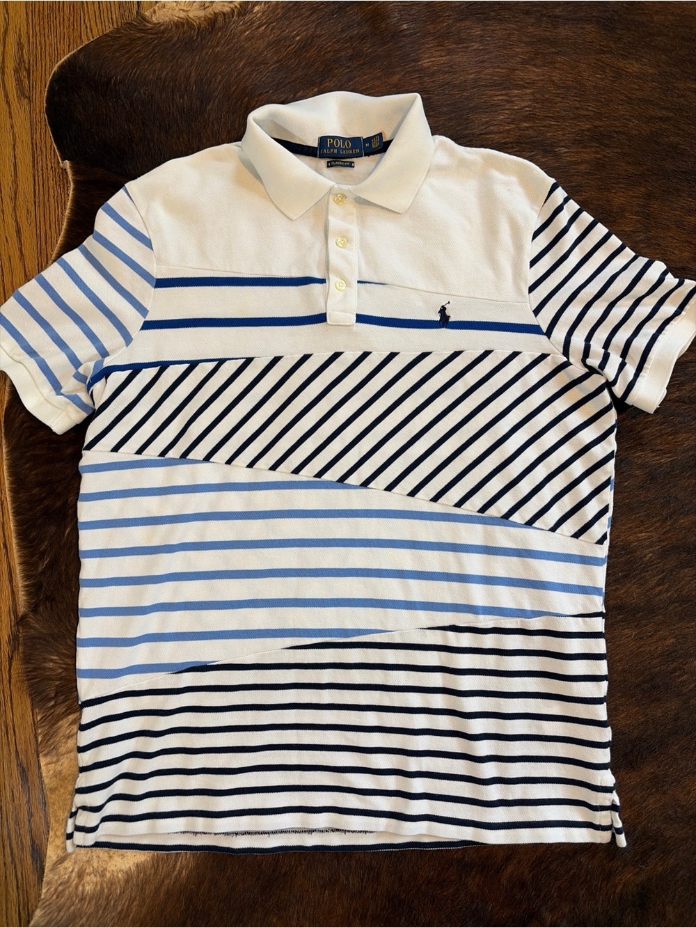 Polo Ralph Lauren Mens M Classic Fit Patchwork Stripe Polo Shirt Blue White Pony